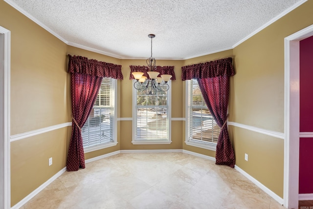 unfurnished dining area featuring plenty of natural light, a notable chandelier, and baseboards