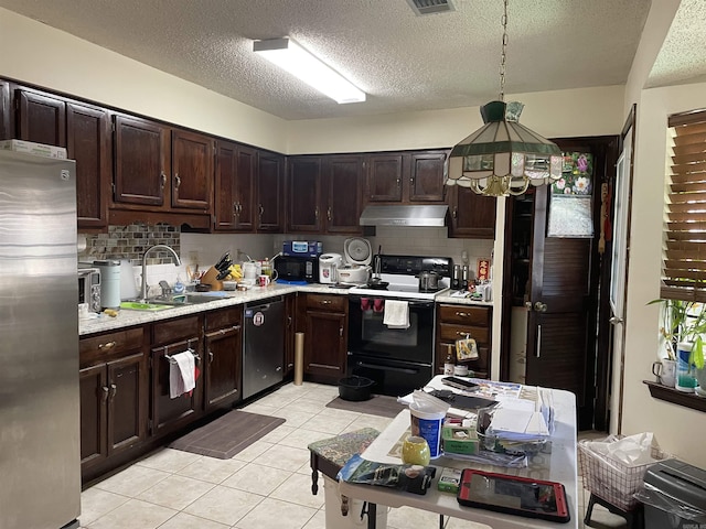 kitchen featuring electric range, freestanding refrigerator, a sink, dishwasher, and under cabinet range hood