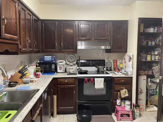 kitchen featuring electric range, a sink, light countertops, stainless steel dishwasher, and range hood