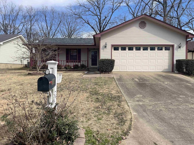 ranch-style home featuring a garage, concrete driveway, a porch, and roof with shingles