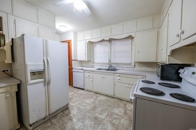 420 Sales St, Camden, AR 71701 - kitchen featuring white appliances, a sink, a ceiling fan, white cabinets, and light countertops