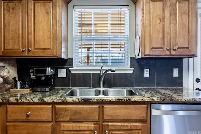 kitchen with brown cabinets, dishwasher, backsplash, and a sink