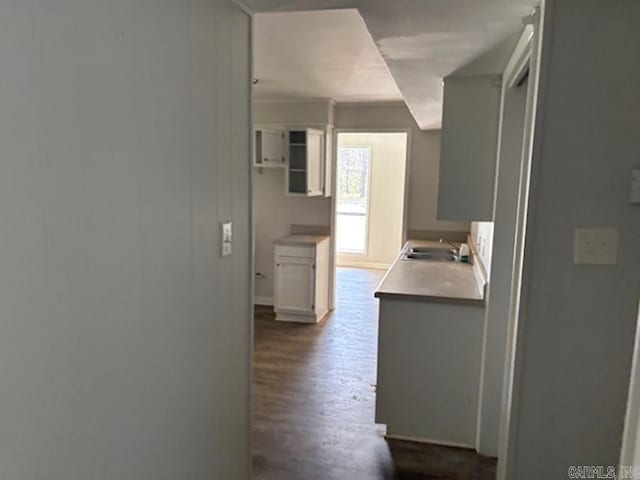 kitchen with a sink, white cabinetry, light countertops, and wood finished floors