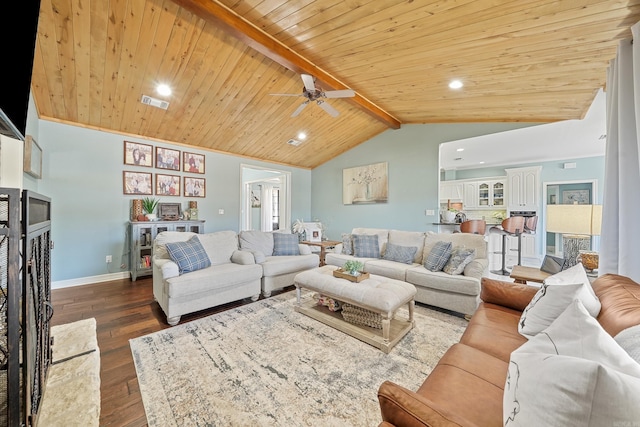 living room featuring a fireplace, lofted ceiling with beams, dark wood-type flooring, wood ceiling, and baseboards