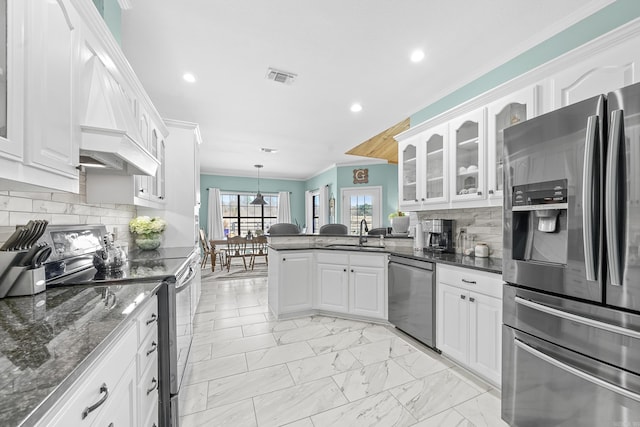 kitchen featuring appliances with stainless steel finishes, marble finish floor, white cabinets, and glass insert cabinets