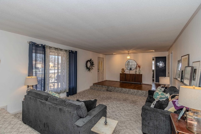 living area with a textured ceiling and carpet floors