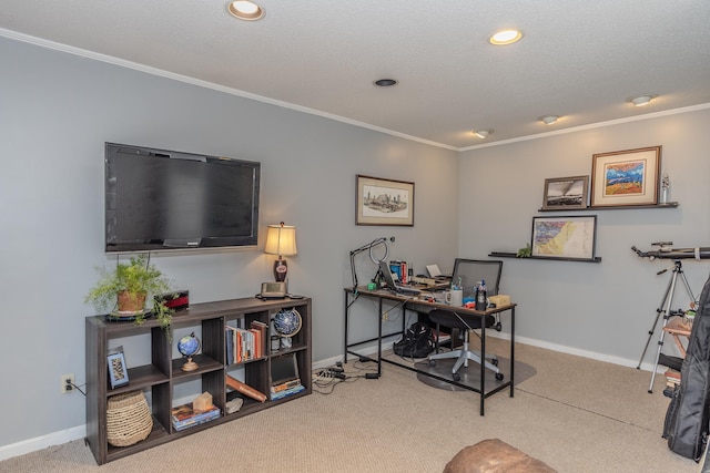carpeted office space with recessed lighting, baseboards, and ornamental molding