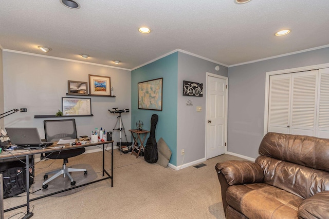 carpeted home office with baseboards, ornamental molding, visible vents, and recessed lighting