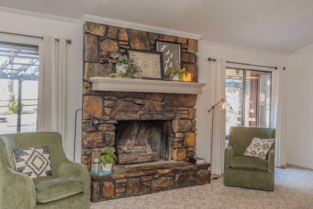 interior space with crown molding and a fireplace