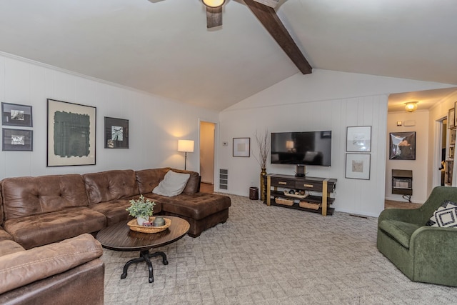 living room with lofted ceiling with beams, a ceiling fan, visible vents, carpet flooring, and heating unit