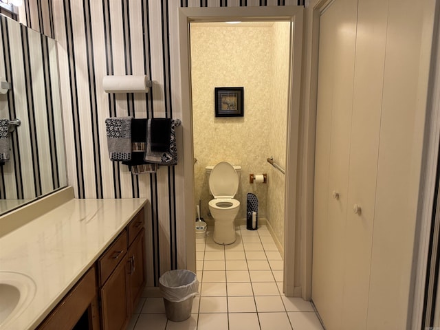 bathroom featuring vanity, tile patterned flooring, toilet, and wallpapered walls