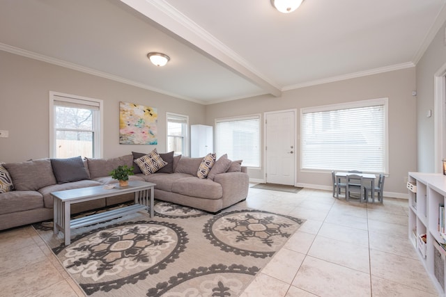 living room featuring light tile patterned floors, ornamental molding, beam ceiling, and baseboards