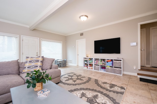 tiled living room with beam ceiling, visible vents, crown molding, and baseboards