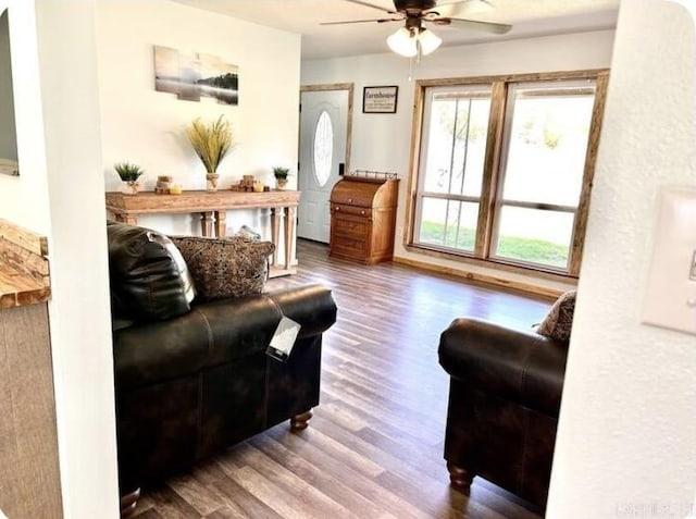 living area featuring ceiling fan and wood finished floors