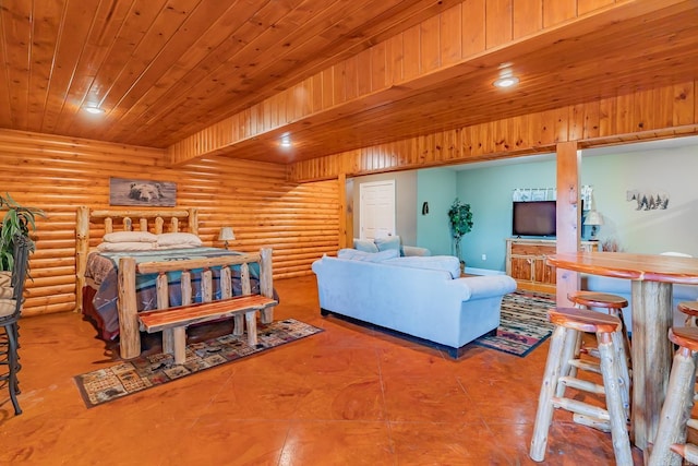 bedroom with wood ceiling, log walls, and recessed lighting