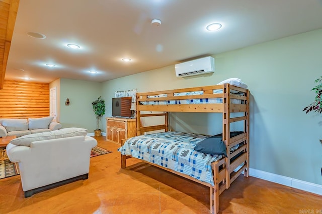 bedroom with recessed lighting, rustic walls, a wall mounted air conditioner, and baseboards