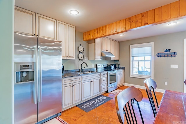 kitchen with baseboards, dark stone counters, stainless steel appliances, under cabinet range hood, and a sink