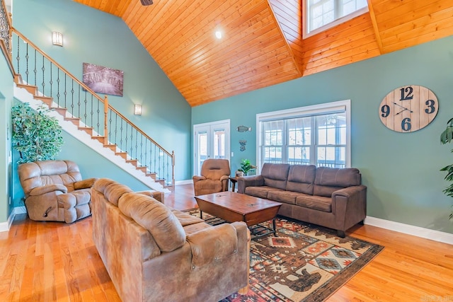 living room with stairway, wooden ceiling, wood finished floors, and baseboards