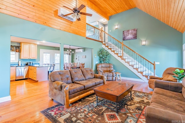 living area featuring light wood-type flooring, wooden ceiling, a wall unit AC, and stairway