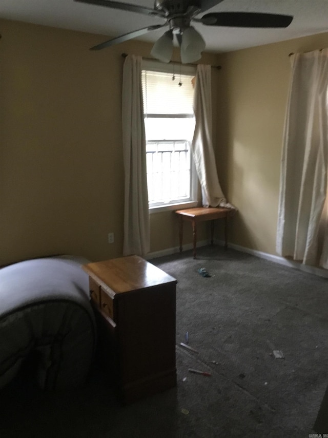 interior space with carpet flooring, ceiling fan, and baseboards
