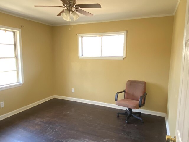 unfurnished room featuring dark wood finished floors, a healthy amount of sunlight, crown molding, and baseboards