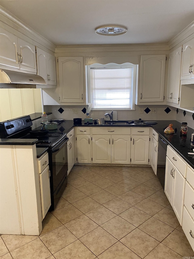 kitchen featuring decorative backsplash, dark countertops, under cabinet range hood, black appliances, and a sink