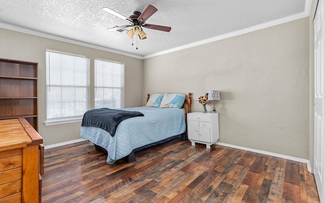 bedroom featuring a textured ceiling, dark wood finished floors, crown molding, and a textured wall