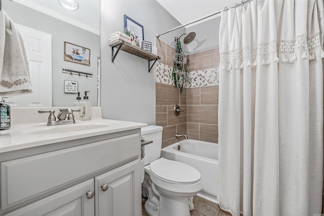 full bathroom with toilet, ornamental molding, shower / tub combo with curtain, tile patterned flooring, and vanity