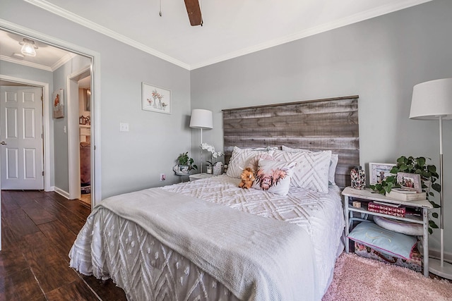 bedroom with dark wood-style floors, ceiling fan, baseboards, and crown molding