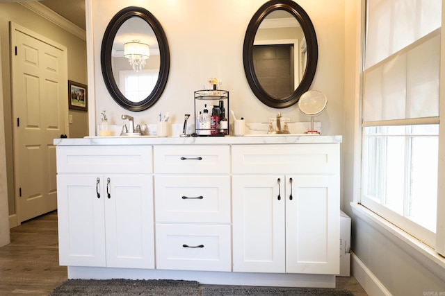 bathroom featuring double vanity, baseboards, wood finished floors, crown molding, and a sink