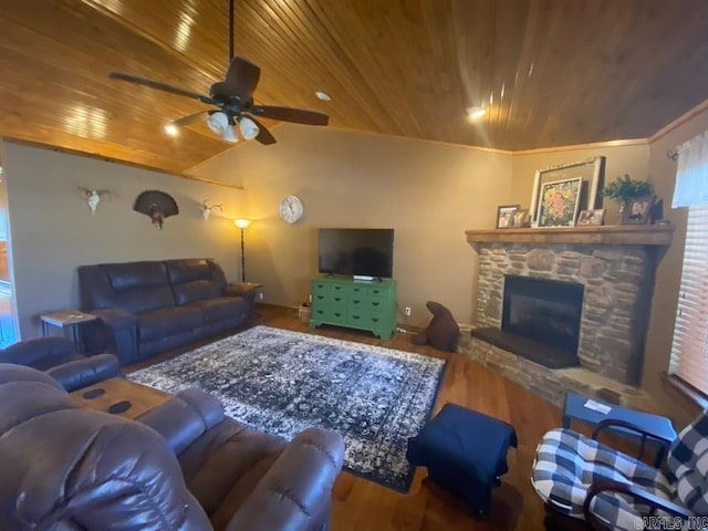 living area with wood ceiling, a fireplace, vaulted ceiling, and wood finished floors