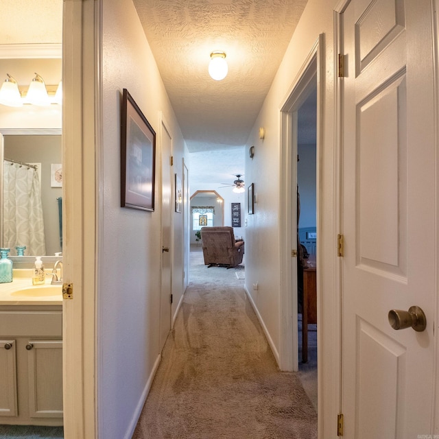 hall featuring light carpet, a textured ceiling, a sink, and baseboards