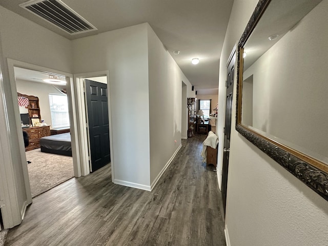 hallway featuring a wealth of natural light, dark wood finished floors, visible vents, and baseboards