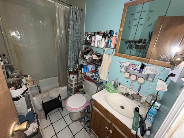 bathroom featuring toilet, shower / tub combo, tile patterned flooring, and vanity