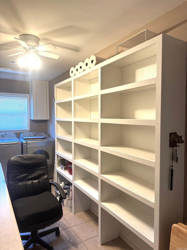 office area with light tile patterned floors, a ceiling fan, and independent washer and dryer