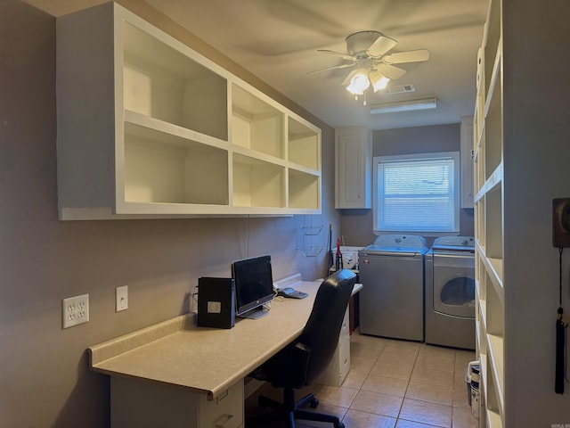 office with a ceiling fan, washing machine and dryer, light tile patterned flooring, and visible vents