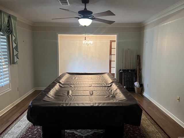 game room featuring crown molding, baseboards, dark wood-style flooring, and ceiling fan with notable chandelier