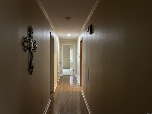 corridor featuring crown molding, baseboards, and wood finished floors