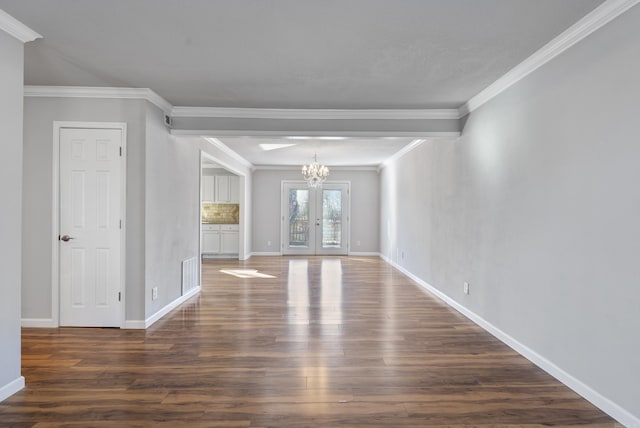 unfurnished living room with french doors, dark wood-type flooring, visible vents, and baseboards