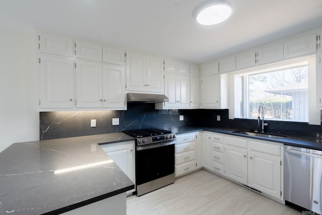 kitchen with white cabinets, under cabinet range hood, stainless steel appliances, and a sink