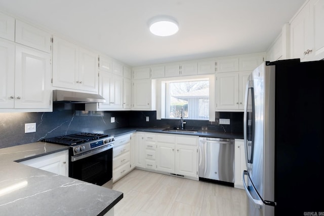 kitchen featuring white cabinets, under cabinet range hood, stainless steel appliances, and a sink