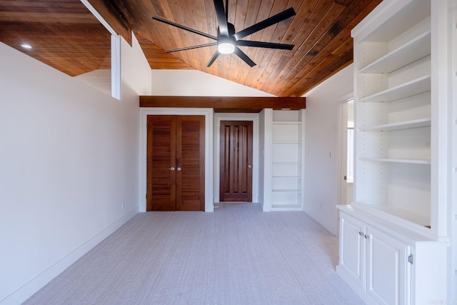 unfurnished bedroom with lofted ceiling, wooden ceiling, light colored carpet, and baseboards