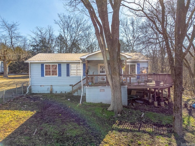 view of front of property with crawl space and roof with shingles