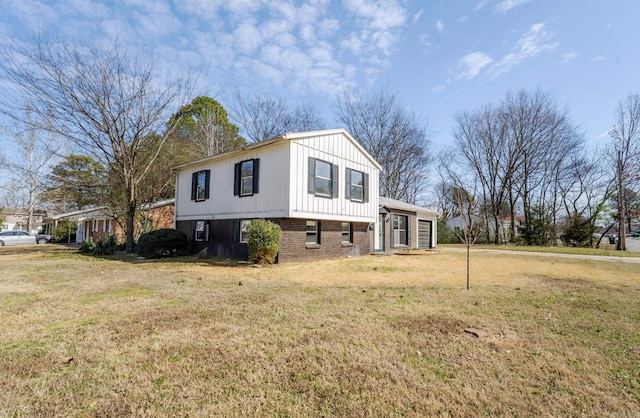 view of property exterior with brick siding and a lawn