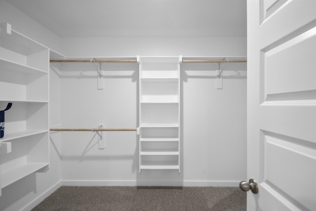 walk in closet featuring dark carpet