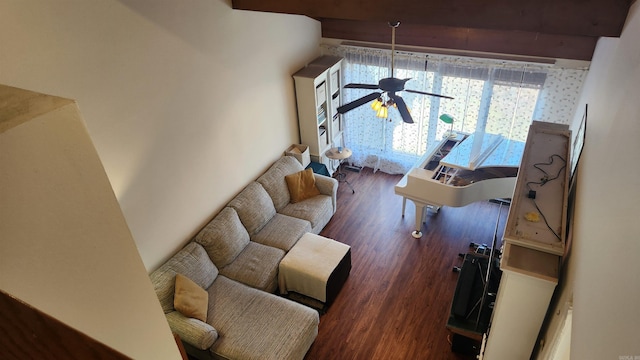 living room with ceiling fan and wood finished floors