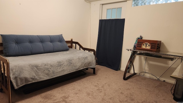 bedroom with light carpet