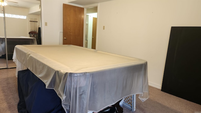 recreation room featuring billiards, ceiling fan, carpet flooring, and baseboards