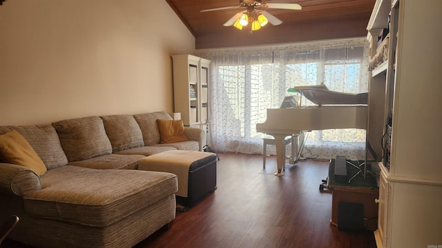 living area with lofted ceiling, wooden ceiling, ceiling fan, and wood finished floors