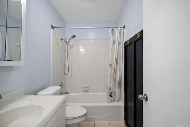 bathroom with toilet, shower / tub combo, tile patterned flooring, and vanity